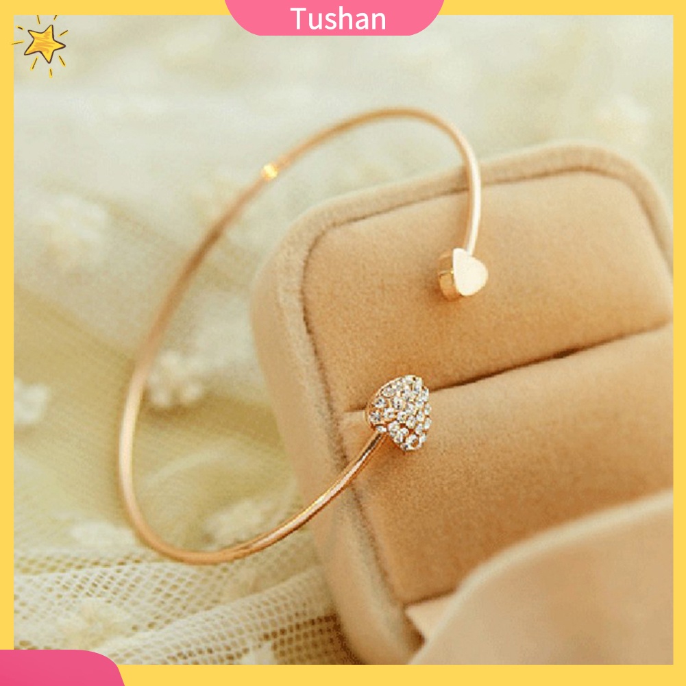 TUSH_Women Double Heart Rhinestone Inlaid Opening Cuff Bracelet Bangle Jewelry Gift