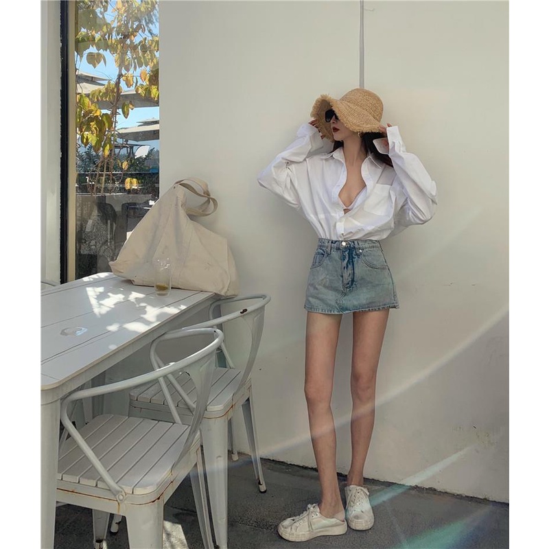 Chân váy denim ngắn lưng cao dáng chữ A trẻ trung năng động cho nữ