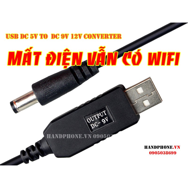 Cáp chuyển đổi dòng điện từ USB 5V DC sang 9V DC chân tròn 5.5mm