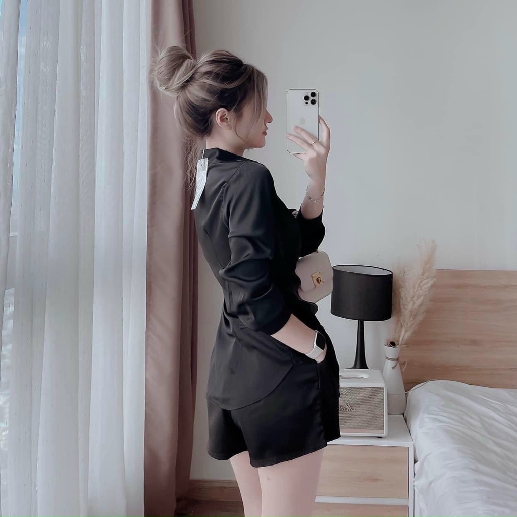 Sét bộ thời trang nữ mặc đi chơi chất tuyết nhung cao cấp y mẫu áo tay dài xoắn eo cổ v mix quần đùi bên trong