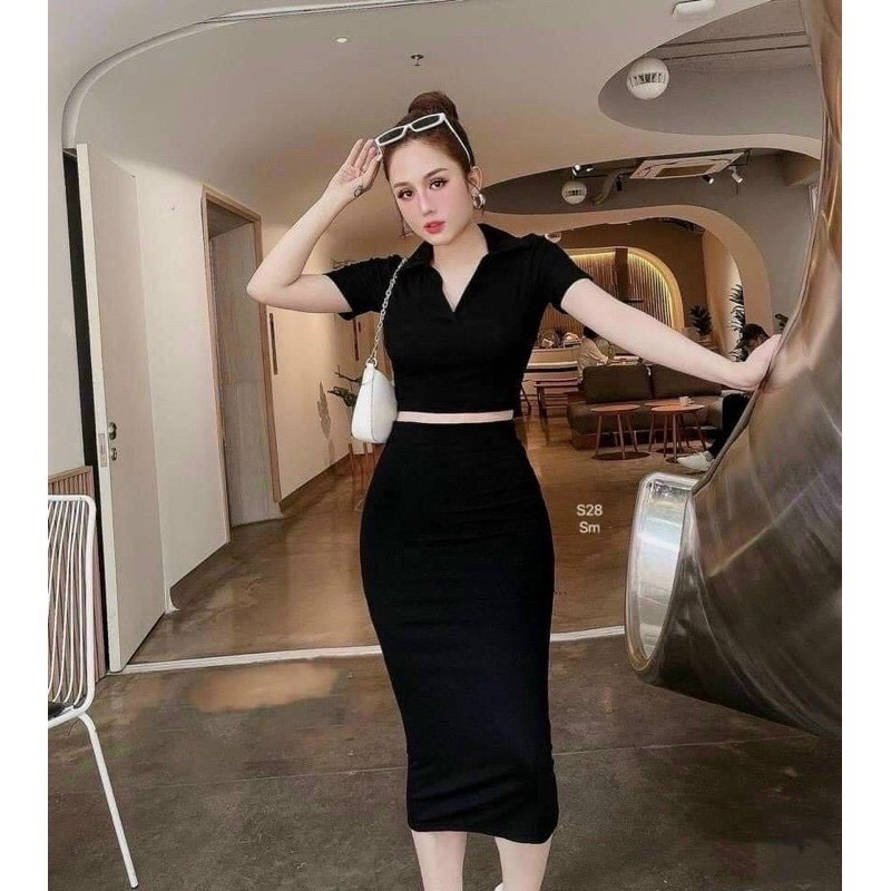 Set đồ nữ sang chảnh áo croptop ôm body dài tay kèm váy dài  kiểu hàn quốc dự tiệc thời trang 2022-VD21
