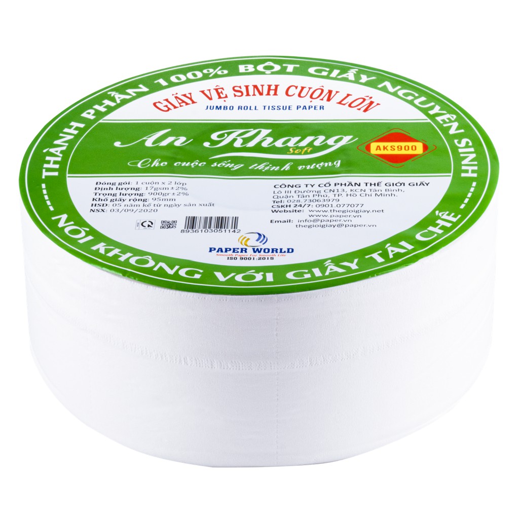 Combo 5 giấy vệ sinh cuộn lớn cao cấp 900g 2 lớp AN KHANG SOFT | Thế Giới Giấy | 100% bột giấy nguyên sinh | AKS900