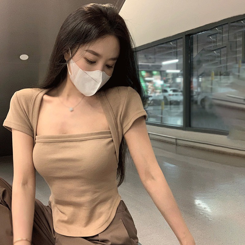 Áo Thun Ngắn Tay Cổ Vuông Màu Trơn Thời Trang Cho Nữ