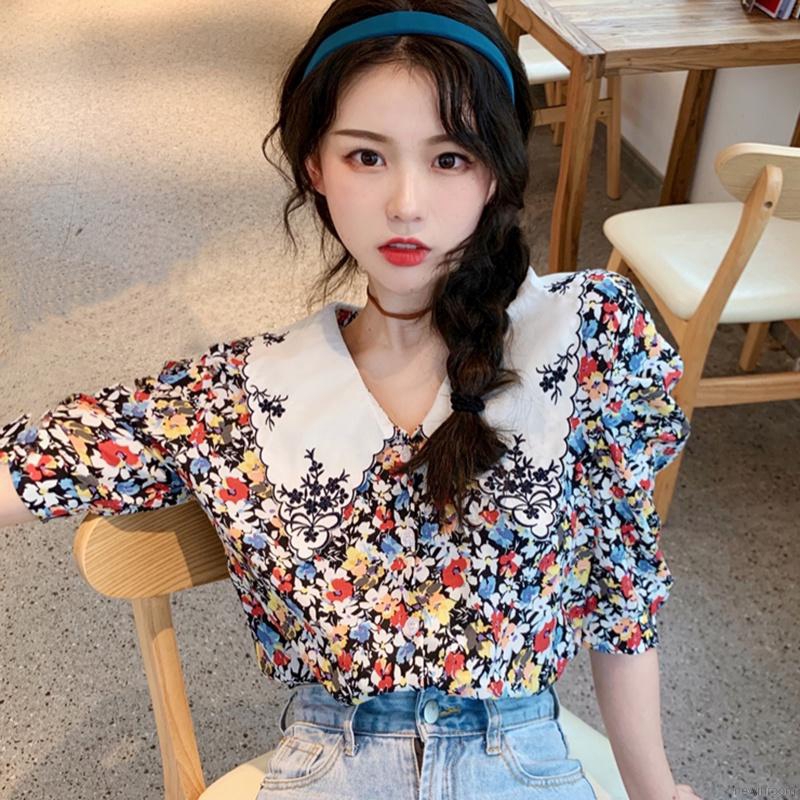 Lapel floral bubble sleeve design niche embroidered shirt red | BigBuy360 - bigbuy360.vn