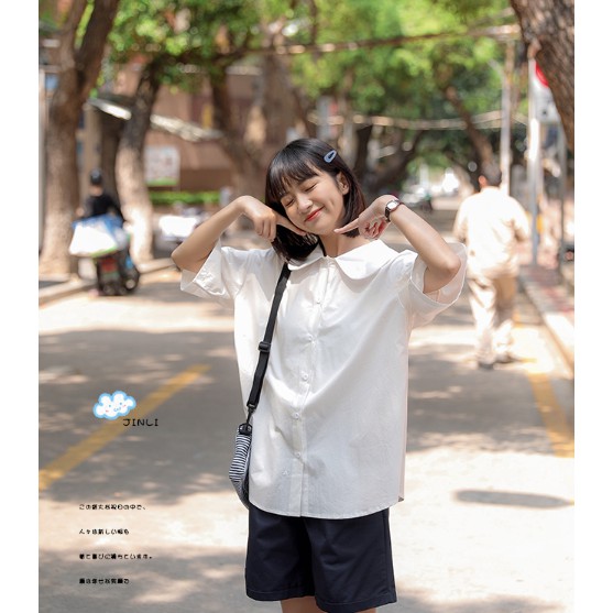 Áo sơ mi hàn quốc A.217, áo sơ mi trơn cổ bèo cộc tay hai màu cực xinh | BigBuy360 - bigbuy360.vn