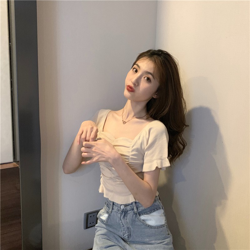 Áo Croptop Tay Ngắn Thiết Kế Đơn Giản Phong Cách Retro