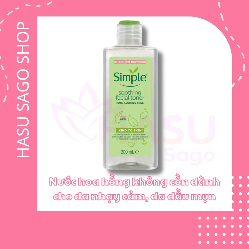 Nước Hoa Hồng Không Cồn Làm Dịu Da Simple Kind To Skin Soothing Facial Toner 200ml