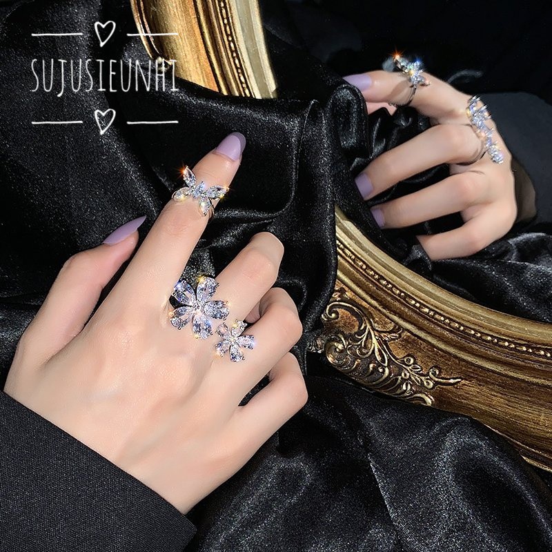 (Kích cỡ mở) Nhẫn hở nữ hình hoa đối xứng đính đá thời trang-loại đẹp