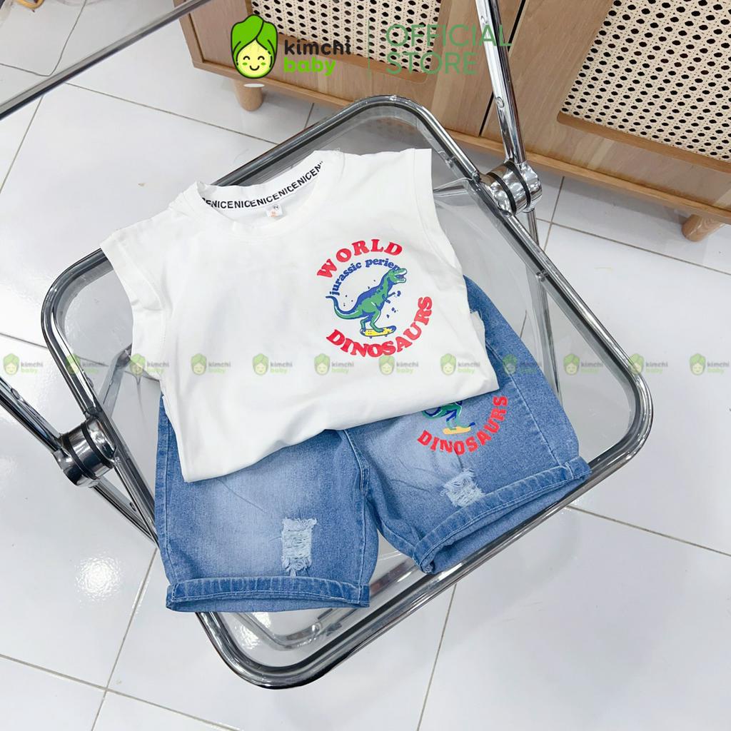 Đồ Bộ Cho Bé Trai, Bé Gái Áo Cotton Quần Jeans Họa Tiết Khủng Long Dễ Thương, Bộ Quần Áo Cho Bé Mặc Nhà CK341