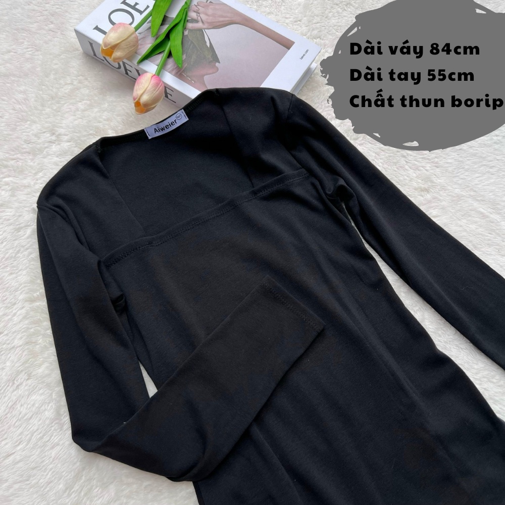 Đầm body cổ vuông dài tay xẻ trước màu đen chất thun borip kiểu ôm sexy quyến rũ gợi cảm phong cách Hàn quốc freesize