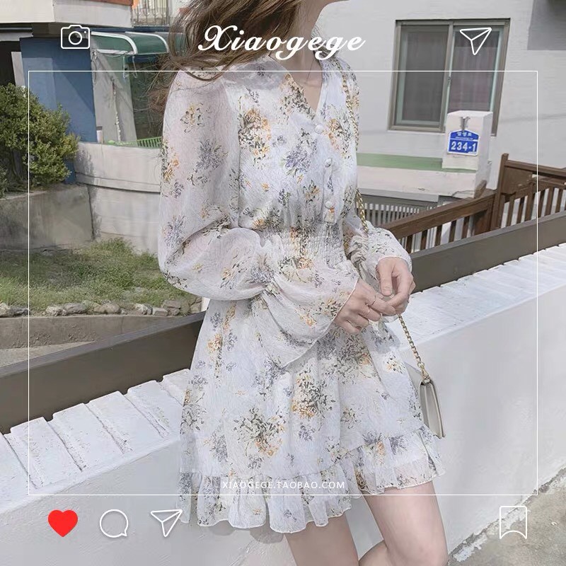 Đầm hoa ulzzang tay dài bo phối bèo  dáng xòe - váy dự tiệc cổ V cúc bọc dáng ngắn babydoll