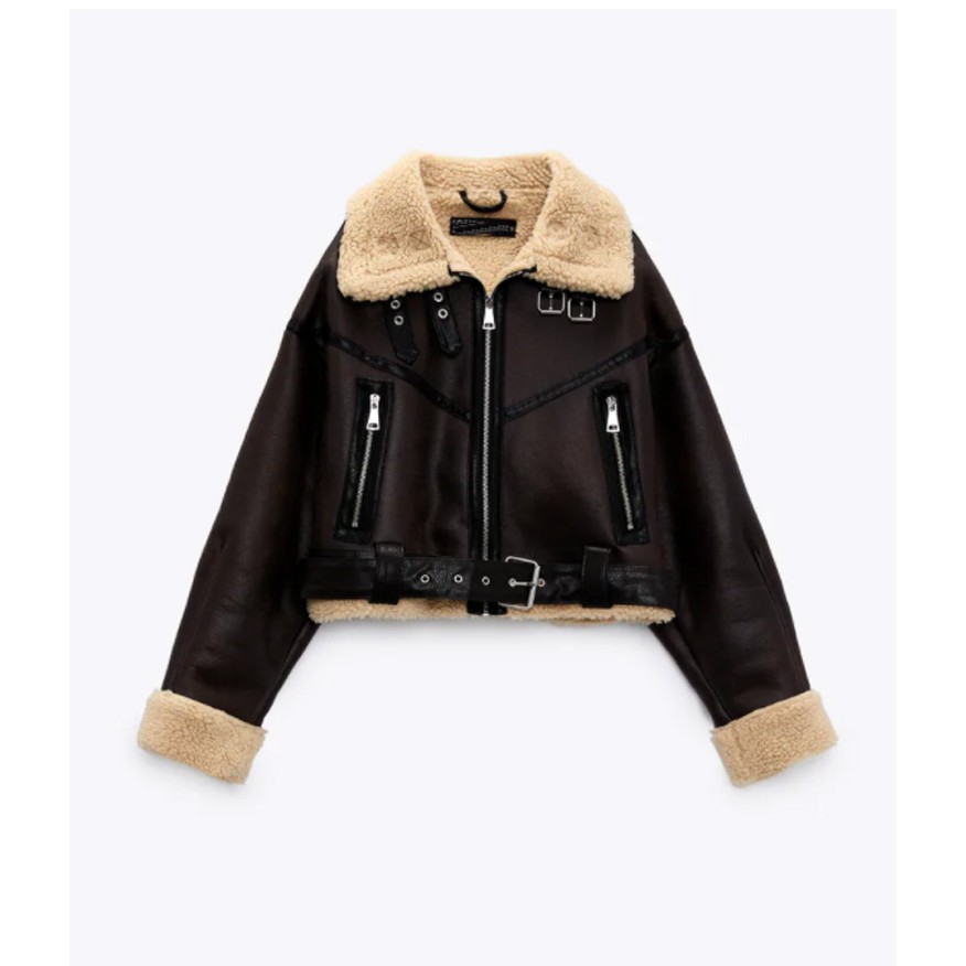 ÁO KHOÁC DA NỮ LÓT LÔNG BIKER MÀU NÂU - 8073/272