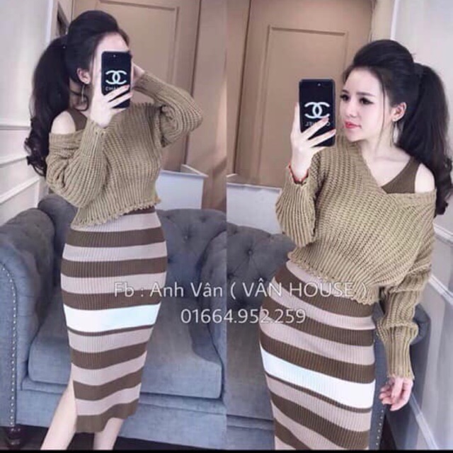 Set len váy kẻ QC