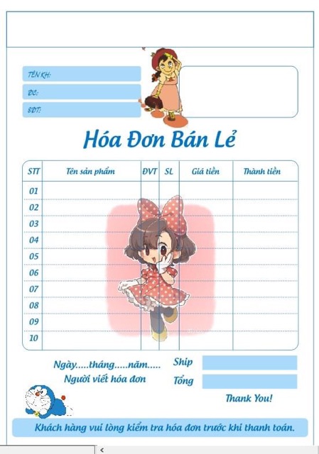 Hoá đơn bán hàng thanh toán tiền khi giao hàng Dành cho các cửa hiệu kinh đoanh