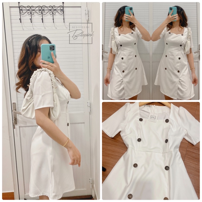 Đầm cổ vuông Faydi Dress BlaPink váy ngắn tay chuẩn form dễ thương màu trắng đen T209