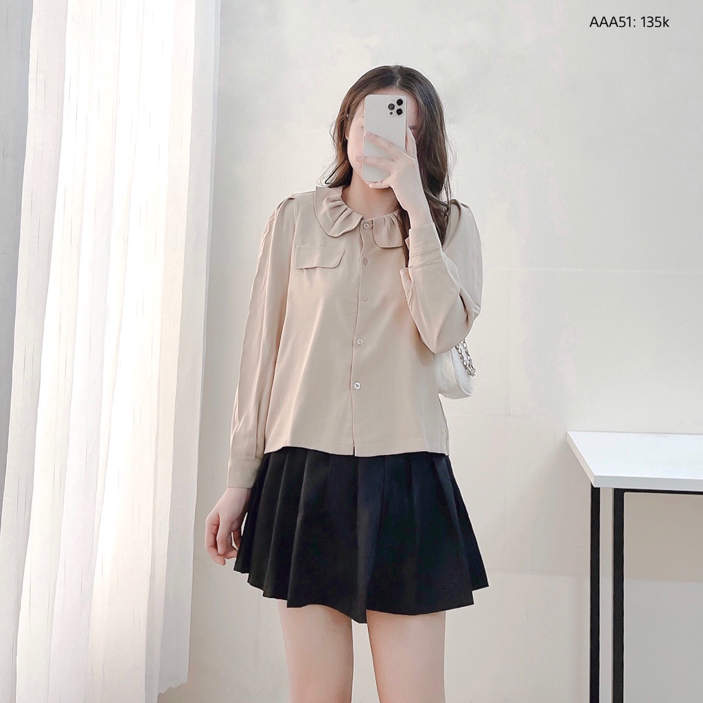 Áo sơmi cổ xếp ly túi nắp công sở form rộng tay dài đẹp Chibest AAA51