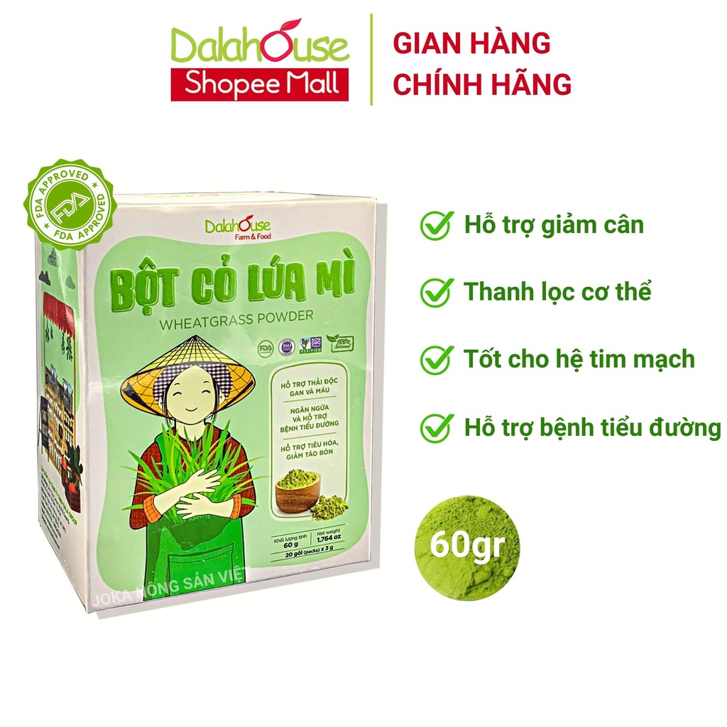 Bột cỏ lúa mì hữu cơ Dalahouse nguyên chất sấy lạnh 60gr tốt cho tim mạch, đạt chuẩn Châu Âu