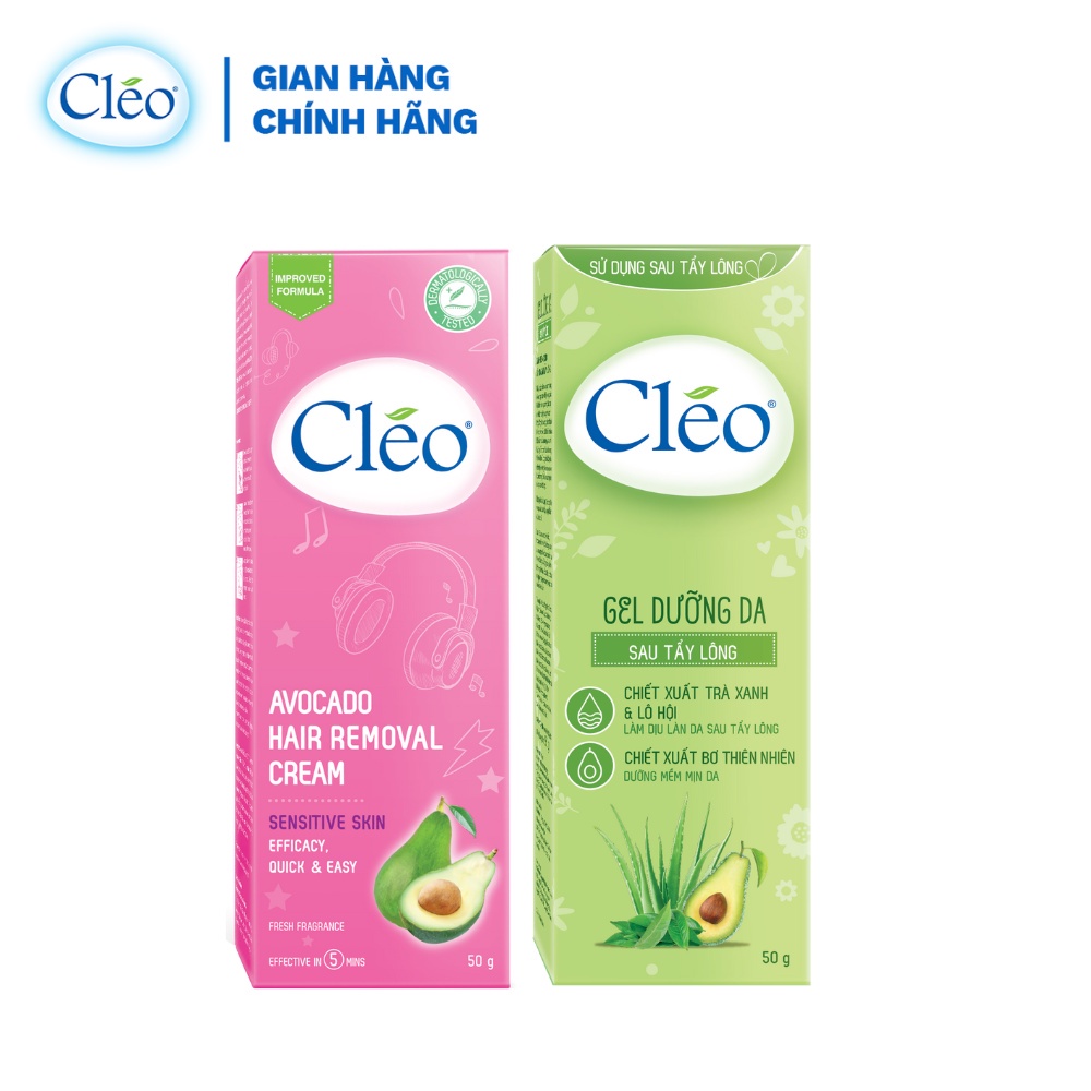 Bộ đôi Kem Tẩy Lông Cléo 50g dành cho da nhạy cảm và Gel Dưỡng Da Sau Tẩy Lông Cléo 50g