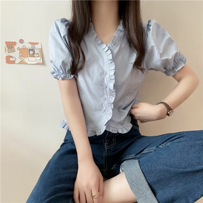Áo Sơ Mi Nữ Tay Ngắn Viền Bèo Cute Ulzzang