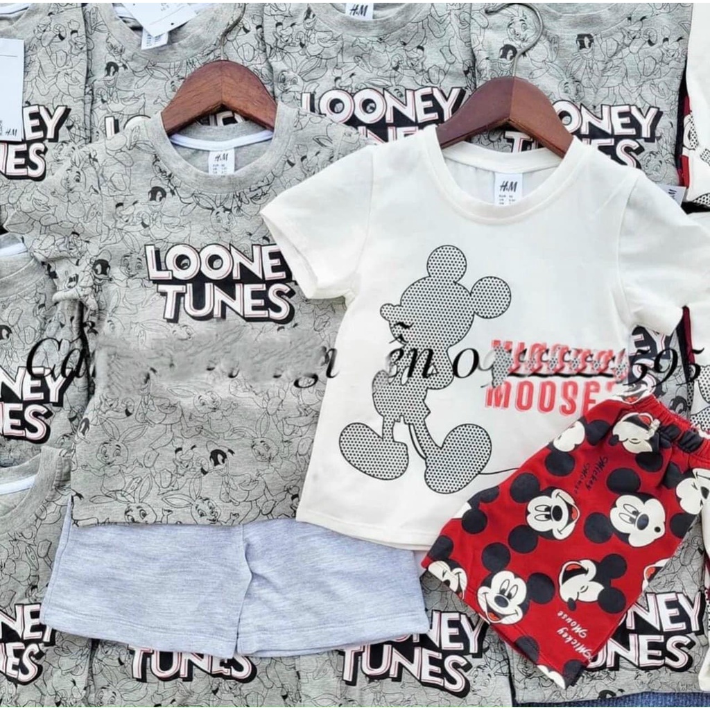 Đồ bộ bé trai combo 2 bộ chuột Mickey Mouse in chìm chất cototn 4 chiều mềm mịn
