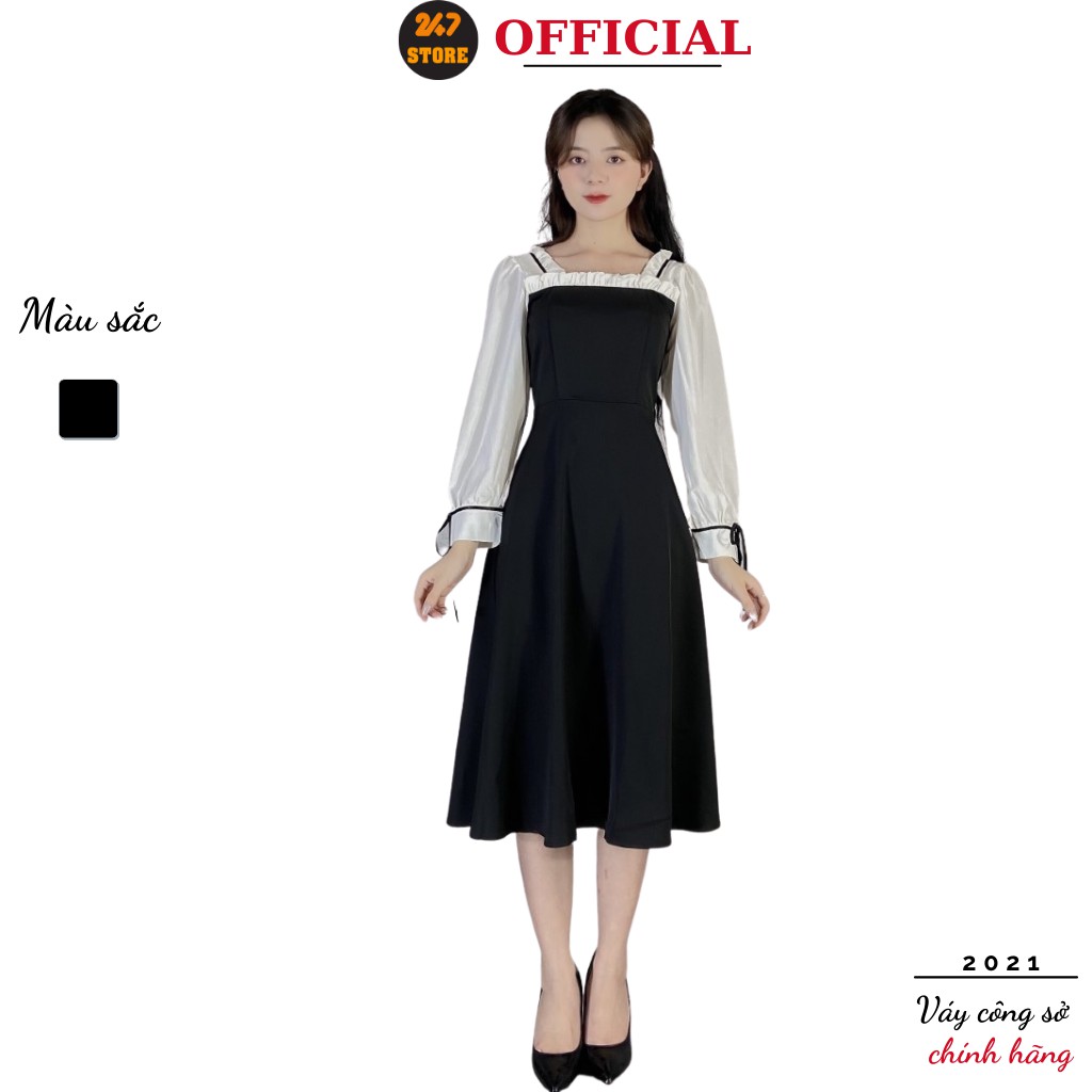 Váy công sở nữ phối nơ tay trắng viển ren 247STORE (màu đen), dáng dài, tay bồng, cổ vuông, vải trượt hàn