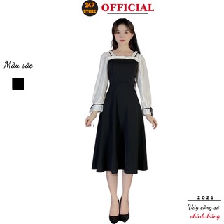 Váy công sở nữ phối nơ tay trắng viển ren 247STORE Vaytaytrangno87 (màu đen), dáng dài, tay bồng, cổ vuông,vải trượt hàn
