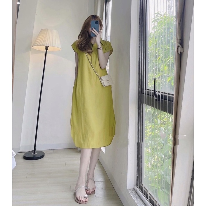 Váy lụa màu màu vàng úa,đầm cổ sơmi không tay mền mại