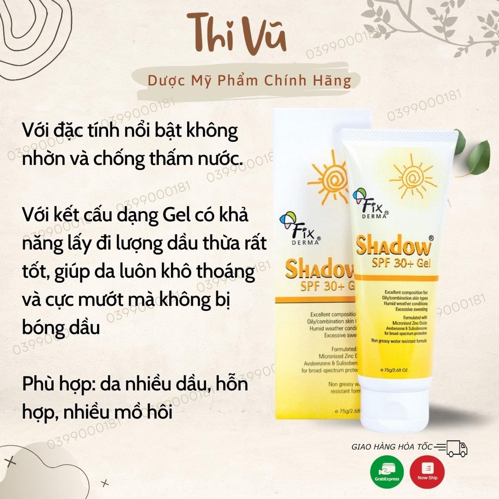 Kem chống nắng Fixderma Shadow SPF50 spf 30 cho mọi loại da - Phân Phối Chính Thức Thi Vũ