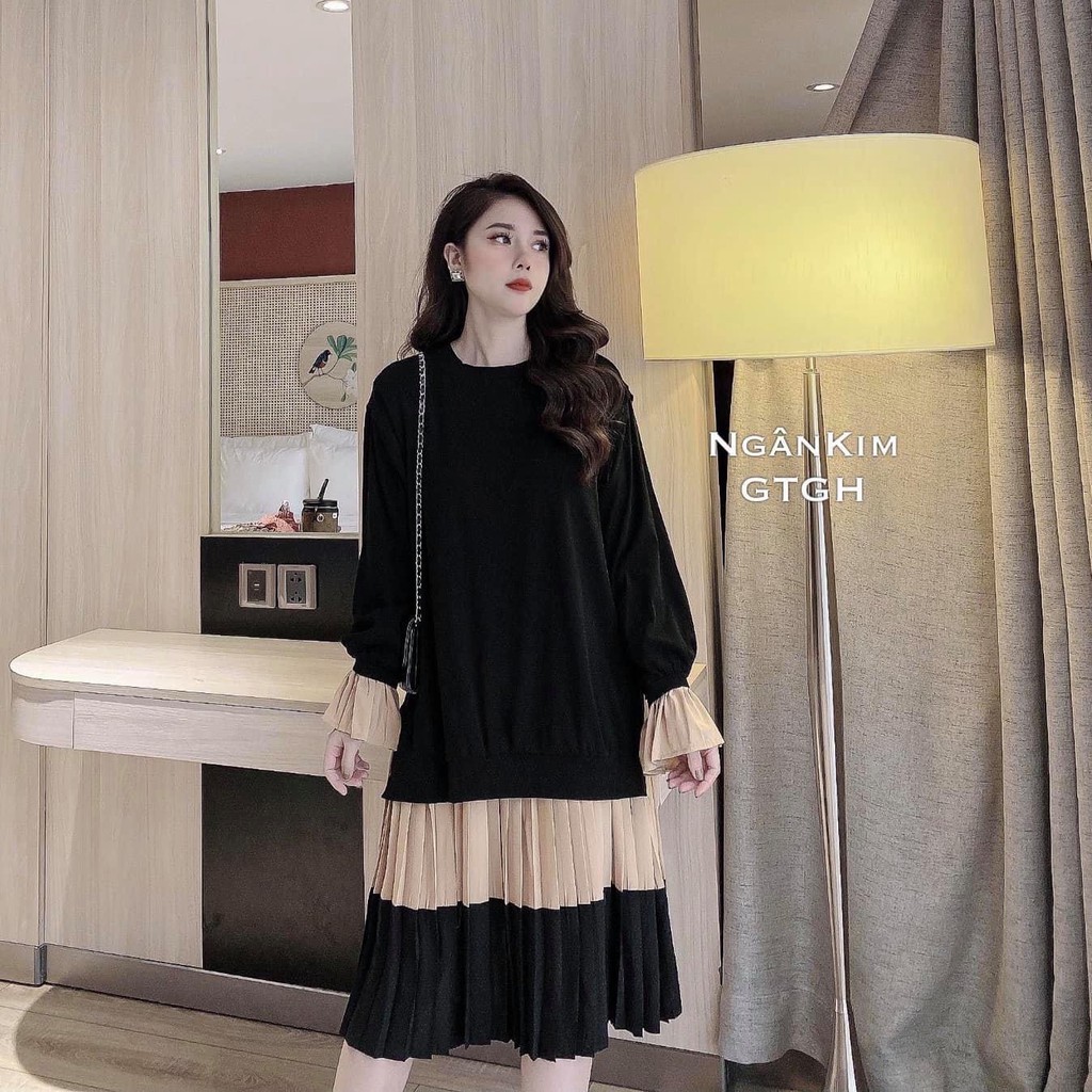 Váy Bầu Thu Đông Dáng Dài Phối Chân Váy Xếp Ly Dễ Thương Đi Chơi Dự Tiệc HD4642 Honey Mommy