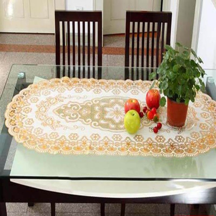 Khăn trải bàn dưới kính hoa văn nhựa ren dập nổi màu vàng sang trọng, khăn bàn đẹp để bàn, ghế đôn, trang trí nhà cửa