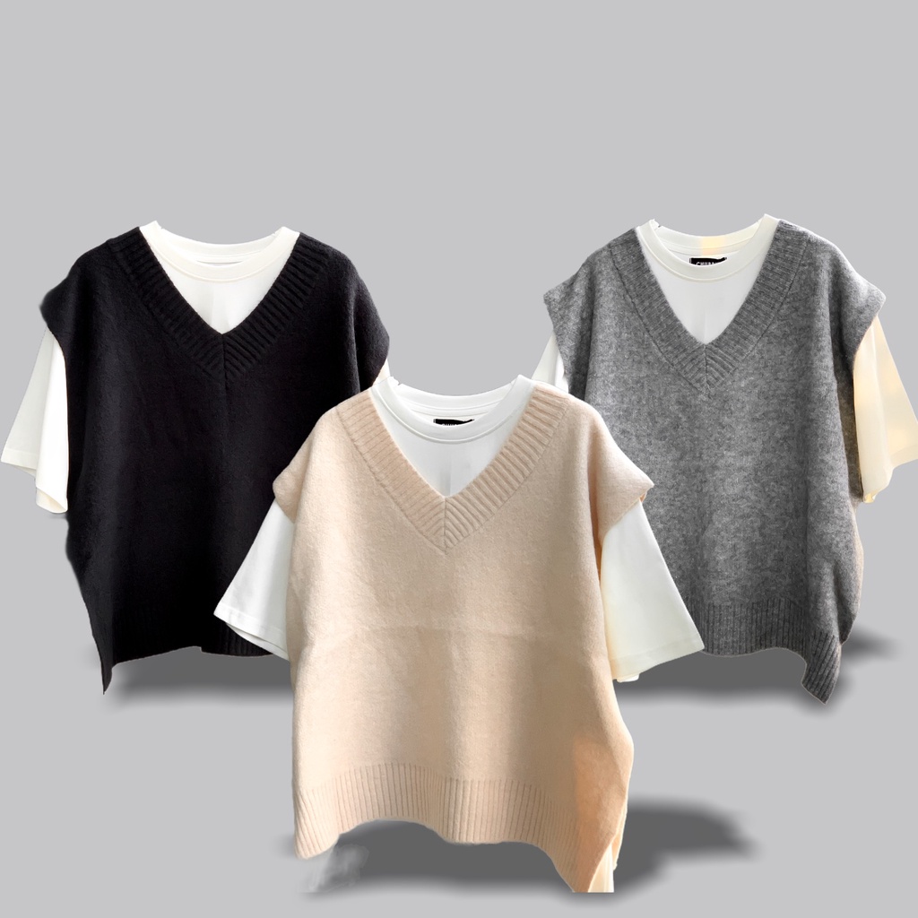 Áo gile len trơn cổ V basic form rộng oversize - CHUBBIE Wooden Top