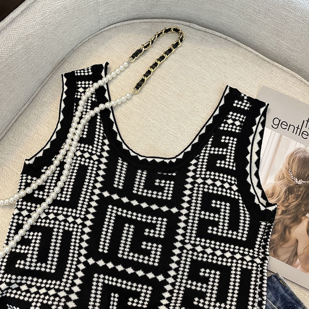 Áo Dệt Kim Hai Dây Màu Đen Phong Cách Retro Thời Trang Mùa Hè Dành Cho Nữ