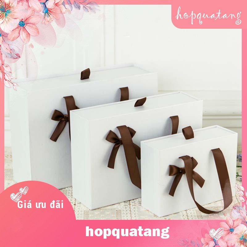 Hộp Quà Tặng Kèm Túi Màu Trắng Gắn Nơ Nâu Dạng Kéo Cao Cấp