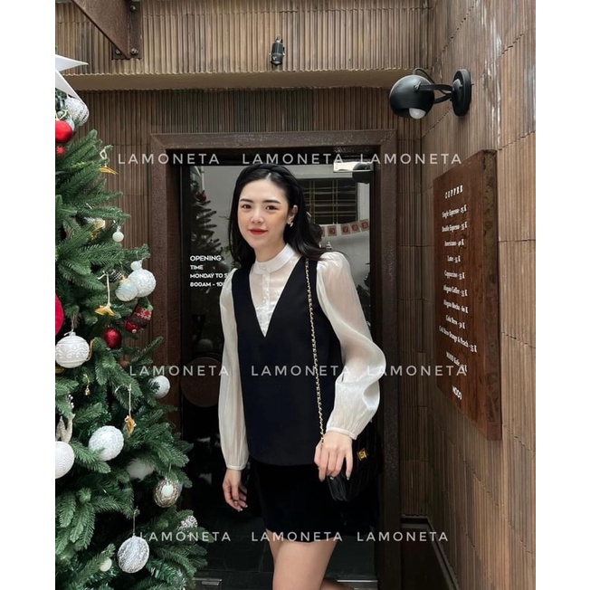 ANU701 - ÁO SƠ MI NỮ GIẢ GILE CỔ TÀU PHỐI VOAN TƠ
