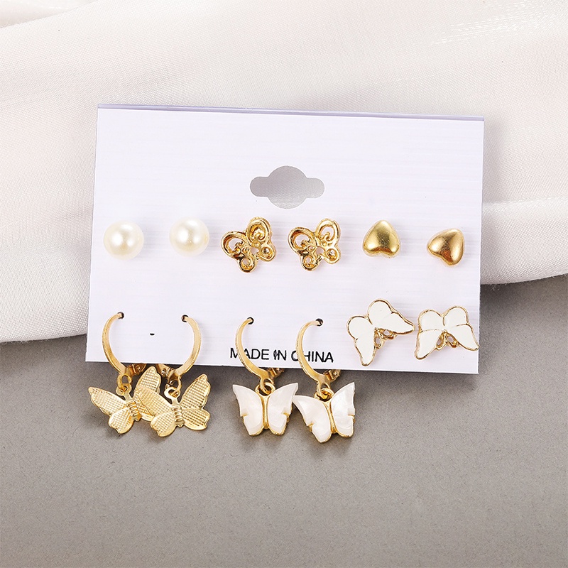 Set 6 Khuyên Tai Mạ Bạc Hình Bướm/Trái Tim/Ngọc Trai Nhiều Màu Sắc