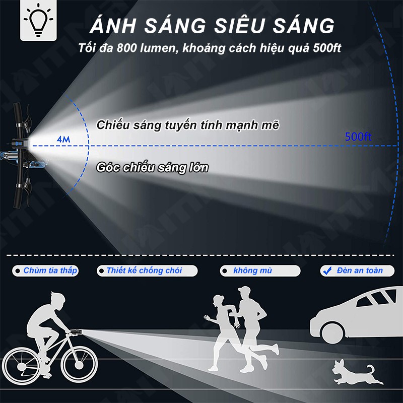 Đèn pha xe đạp chống thấm nước 4 chế độ chiếu sáng 6 kiểu còi có cổng sạc USB tiện lợi