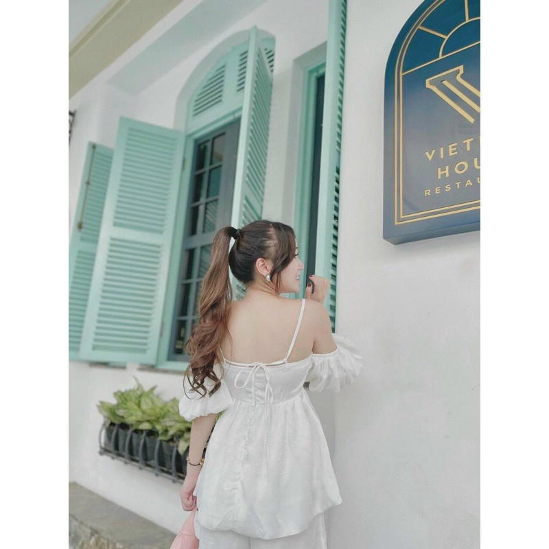 SET ÁO TRẮNG RỚT VAI TAY PHỒNG SHORT