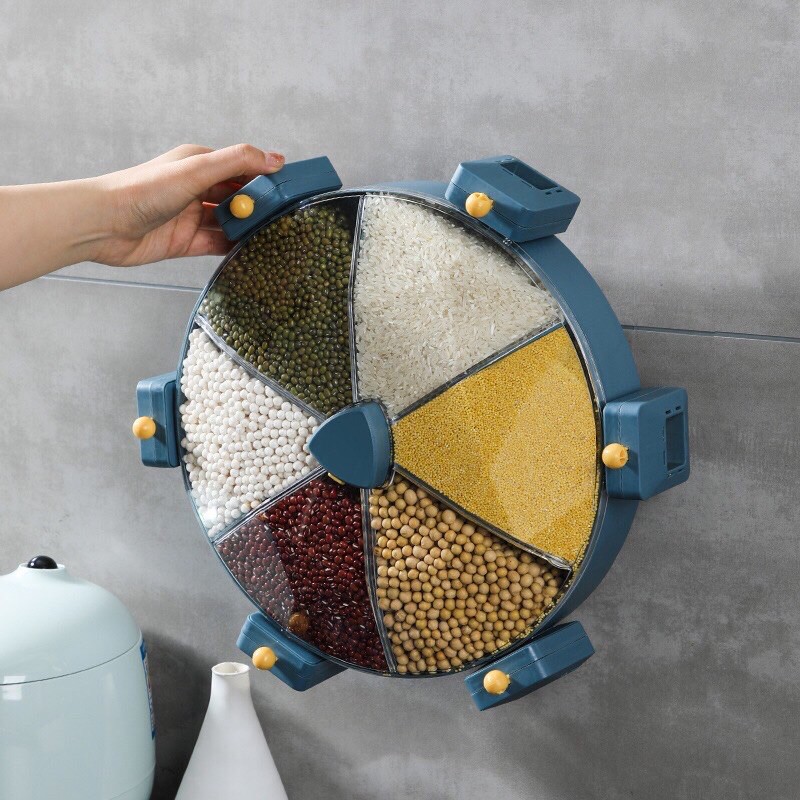 Hộp đựng ngũ cốc, gia vị treo tường 6 ngăn xoay tròn có nút ấn tiện lợi