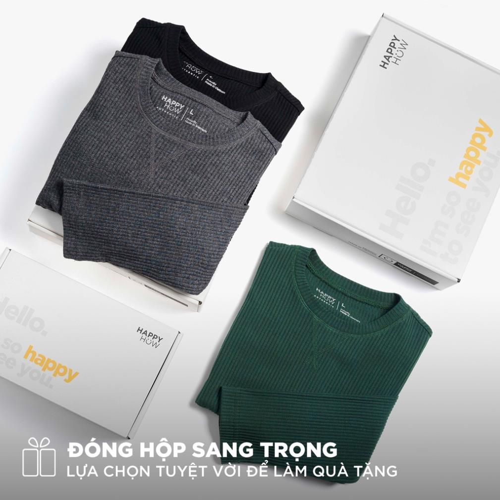 Áo thun nam dài tay cổ tròn LONGEE giữ nhiệt vải cotton sọc gân co dãn , dày dặn - HAPPYHOW ⬲