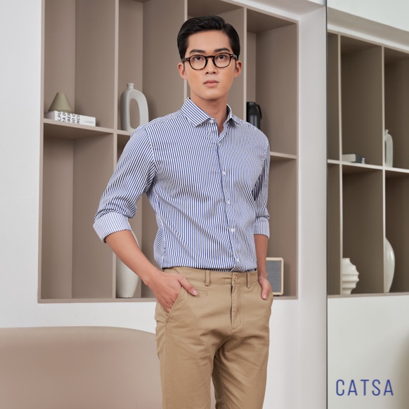 Áo sơ mi nam công sở tay dài trắng sọc xanh đen chất vải Kate mềm mịn, thoáng mát, chống nhắn CATSA ASD017