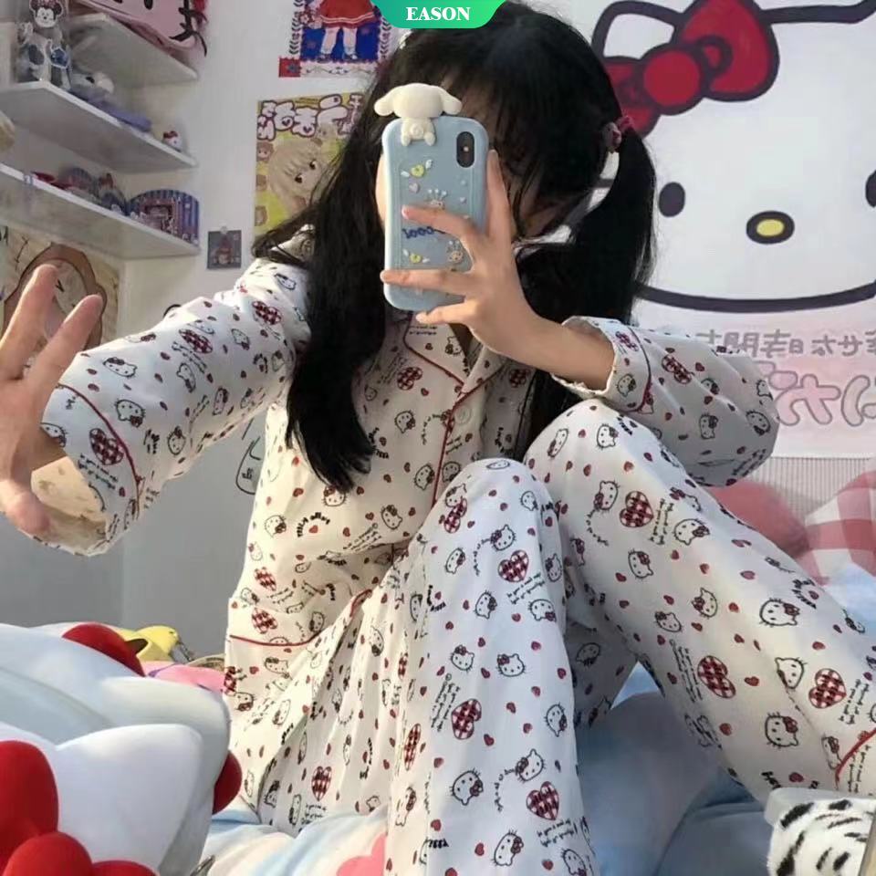Bộ Đồ Ngủ Tay Dài In Hoạt Hình Mèo Hello Kitty Xinh Xắn Thời Trang Xuân Thu Cho Nữ