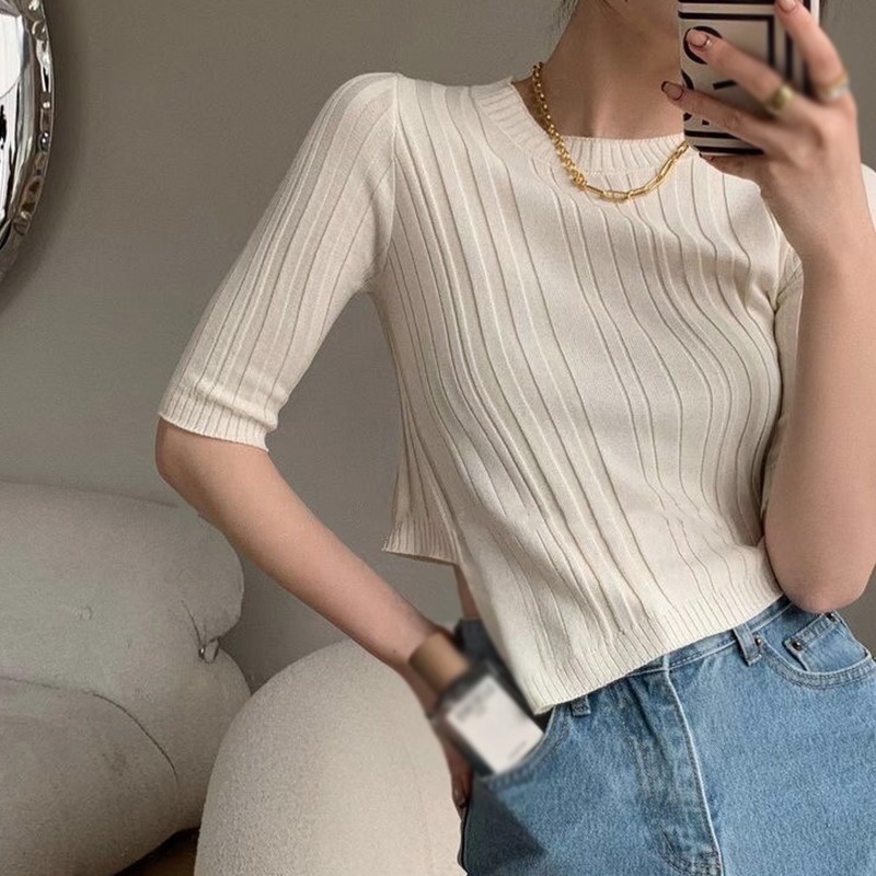 Áo Thun Dệt Kim Tay Ngắn Màu Trơn Thiết Kế Độc Đáo Thời Trang Cho Nữ
