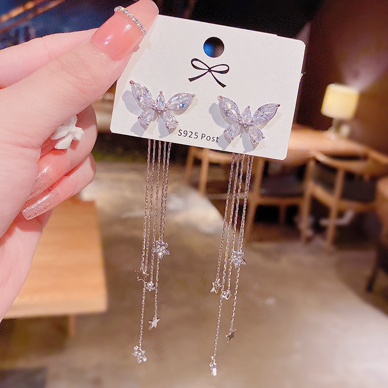 Đôi Khuyên Tai Mạ Bạc S925 Hình Bướm Tua Rua Dễ Thương Cho Nữ