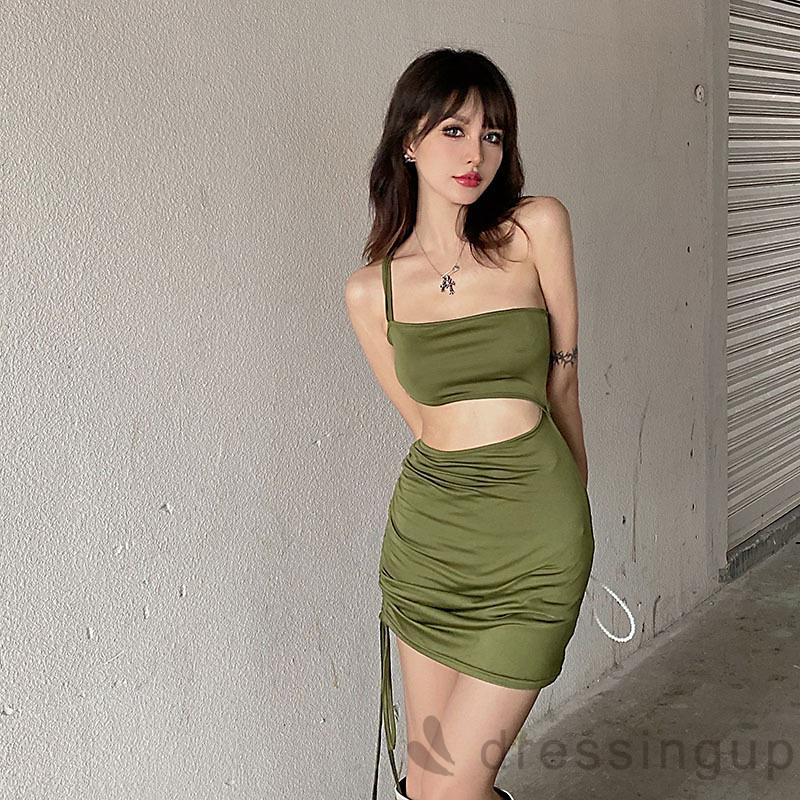 Váy Liền Một Mảnh Xéo Vai Màu Trơn Thiết Kế Vải Nhún Thời Trang Cho Nữ