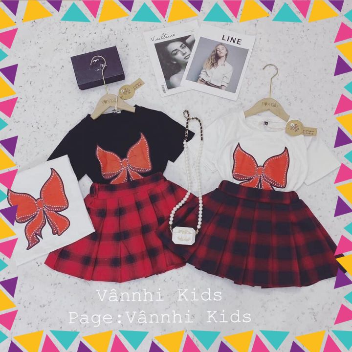 Set Áo Thun Cotton In Hình Nơ + Váy Caro Thô Xinh Xắn Cho Bé Gái (SB023)