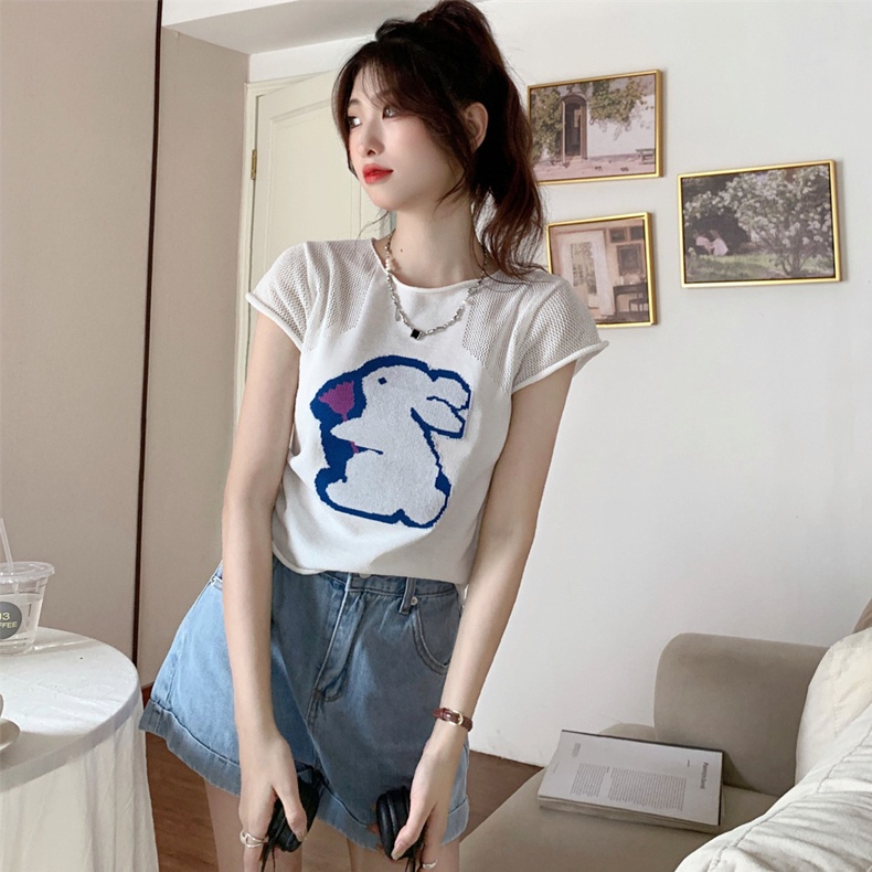 Áo thun ZHELIHANGFEI dệt kim ngắn tay thêu họa tiết xinh xắn thời trang