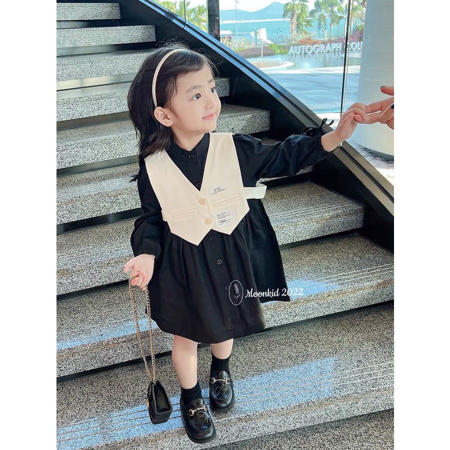 Váy bé gái Babydoll dài tay buộc nơ kèm áo gile 2 mầu Đen và Trắng XHN1052