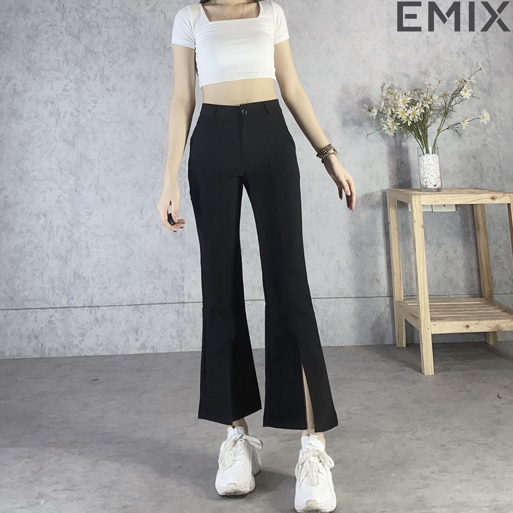 Quần tây công sở ống loe xẻ trước EMIX (màu đen), dáng dài 92cm, khóa giữa, có túi, chất tuyết mưa mềm mịn, chuẩn đẹp