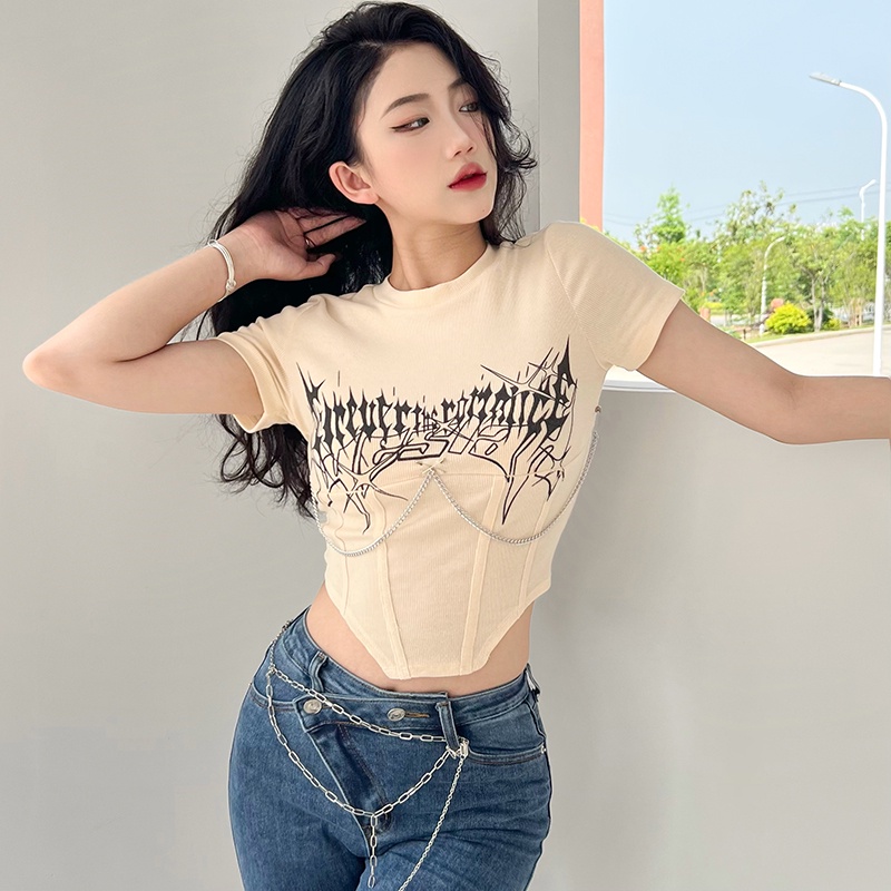 Kliou Áo thun crop top KLIOU tay ngắn ôm dáng phối dây xích họa tiết chữ cái thời trang đường phố cá tính mùa hè 2022 cho nữ