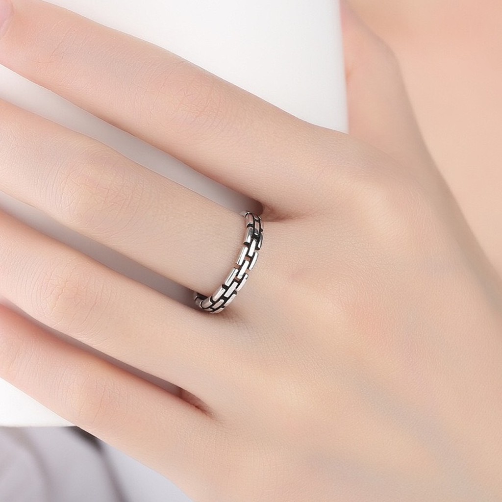 Nhẫn nam nữ mạ bạc 925, Nhẫn nữ hình chữ nhật khâu rỗng phong cách thanh lịch sang trọng, Unisex, Cá tính, 1 chiếc